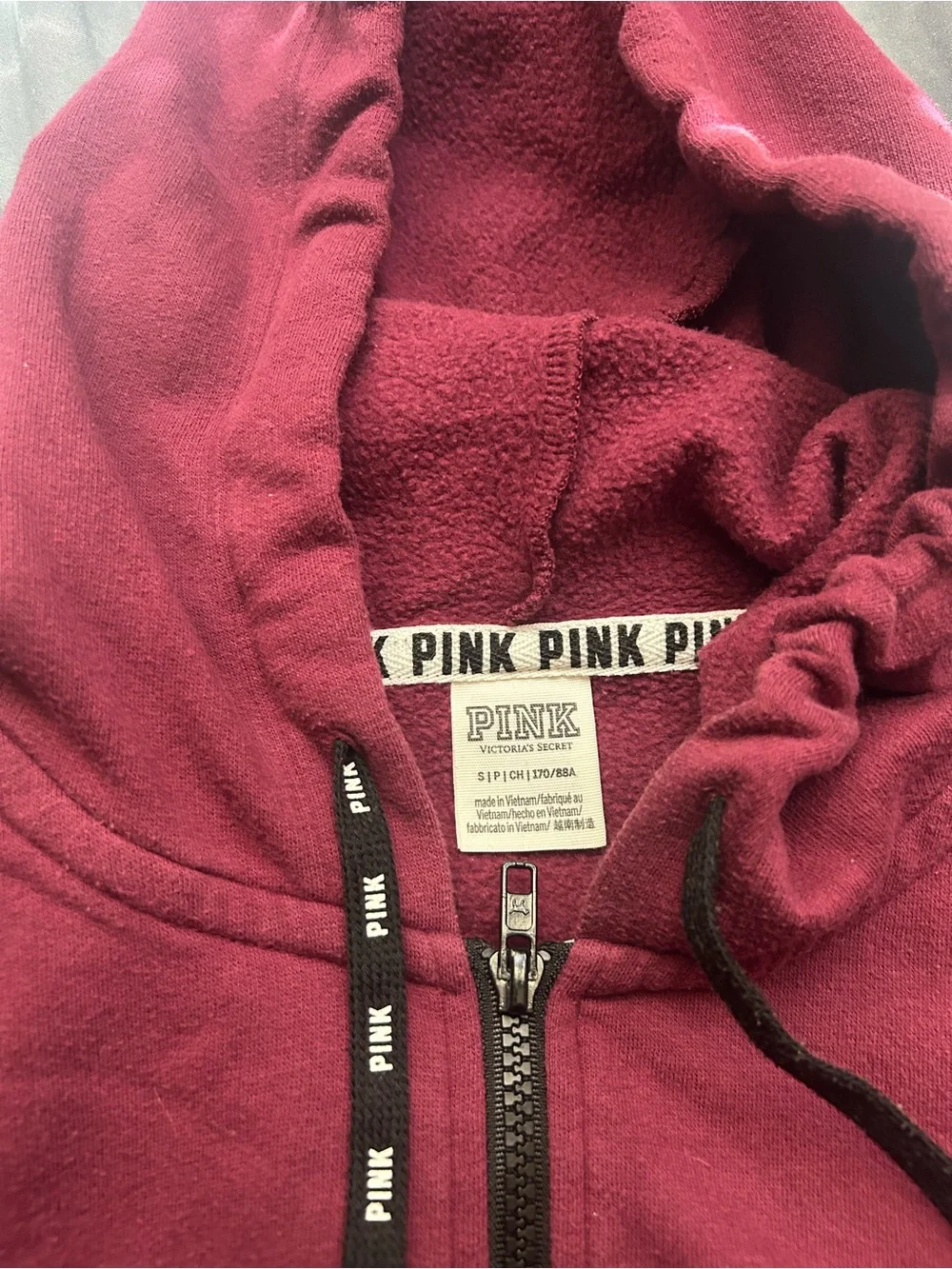 PINK Victoria's Secret Maroon Zip Hoodie with Black Trim - Picture 4 of 6
